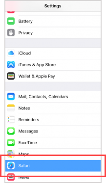 "Safari" option within Settings app.